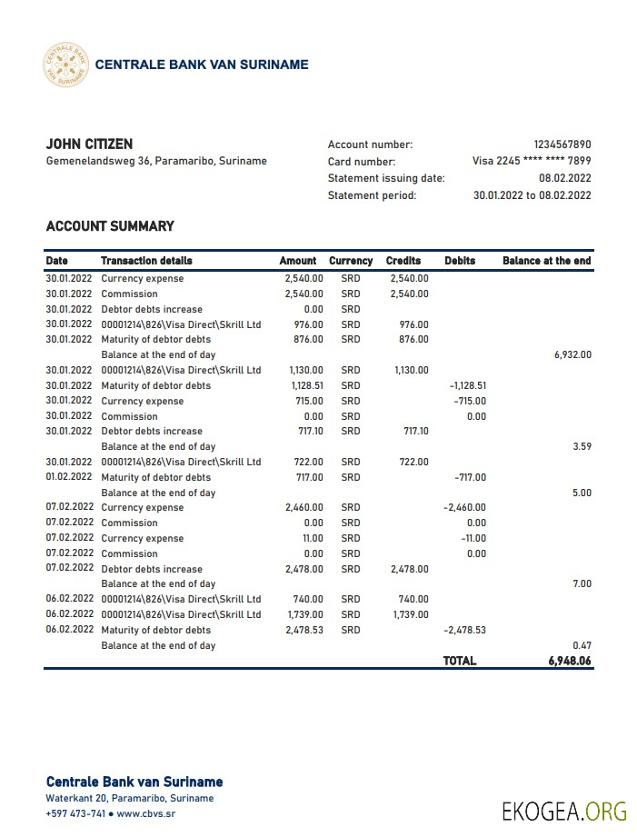 Suriname Centrale Bank Van Suriname bank stetement xls